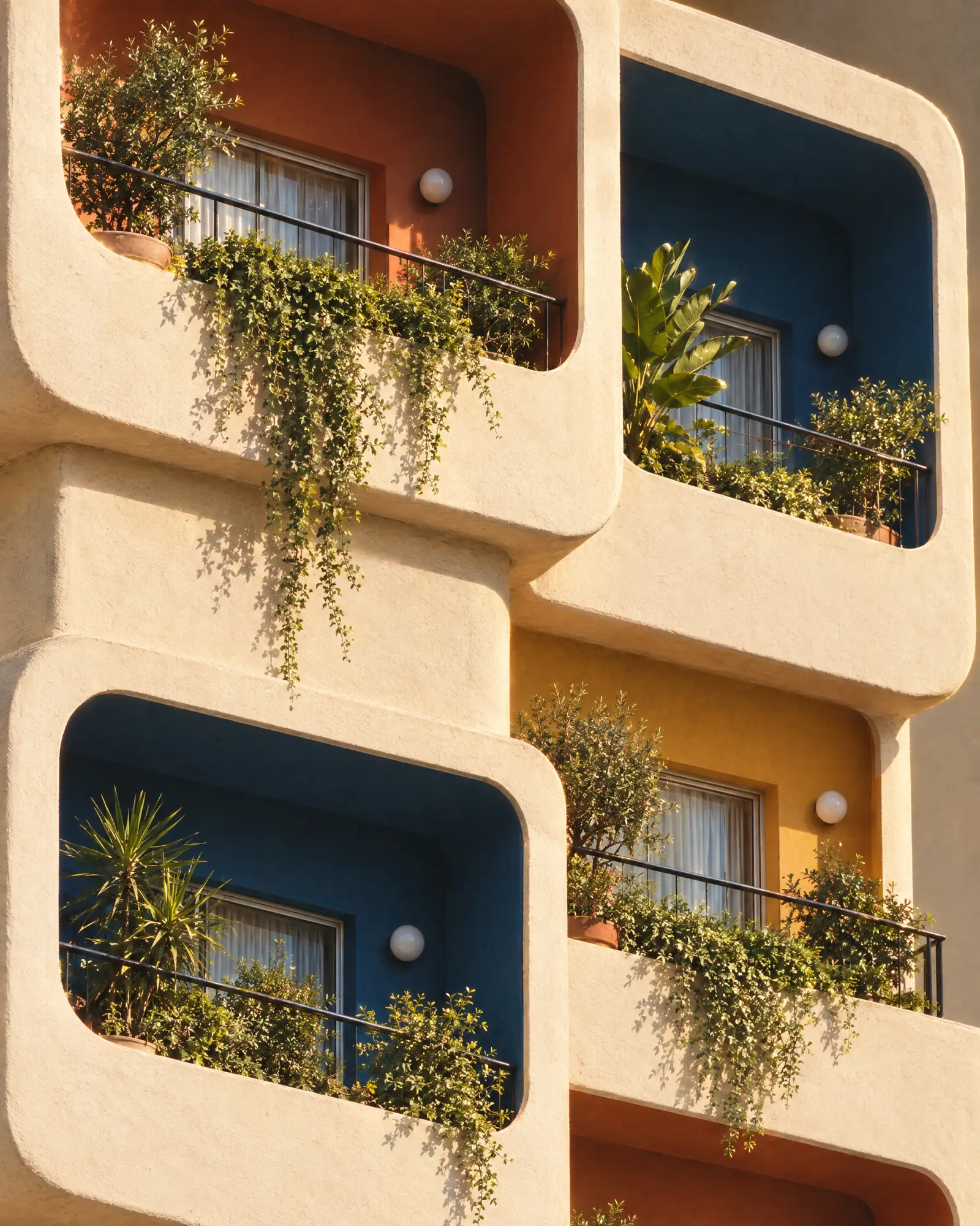 Each loggia painted a different colour inside