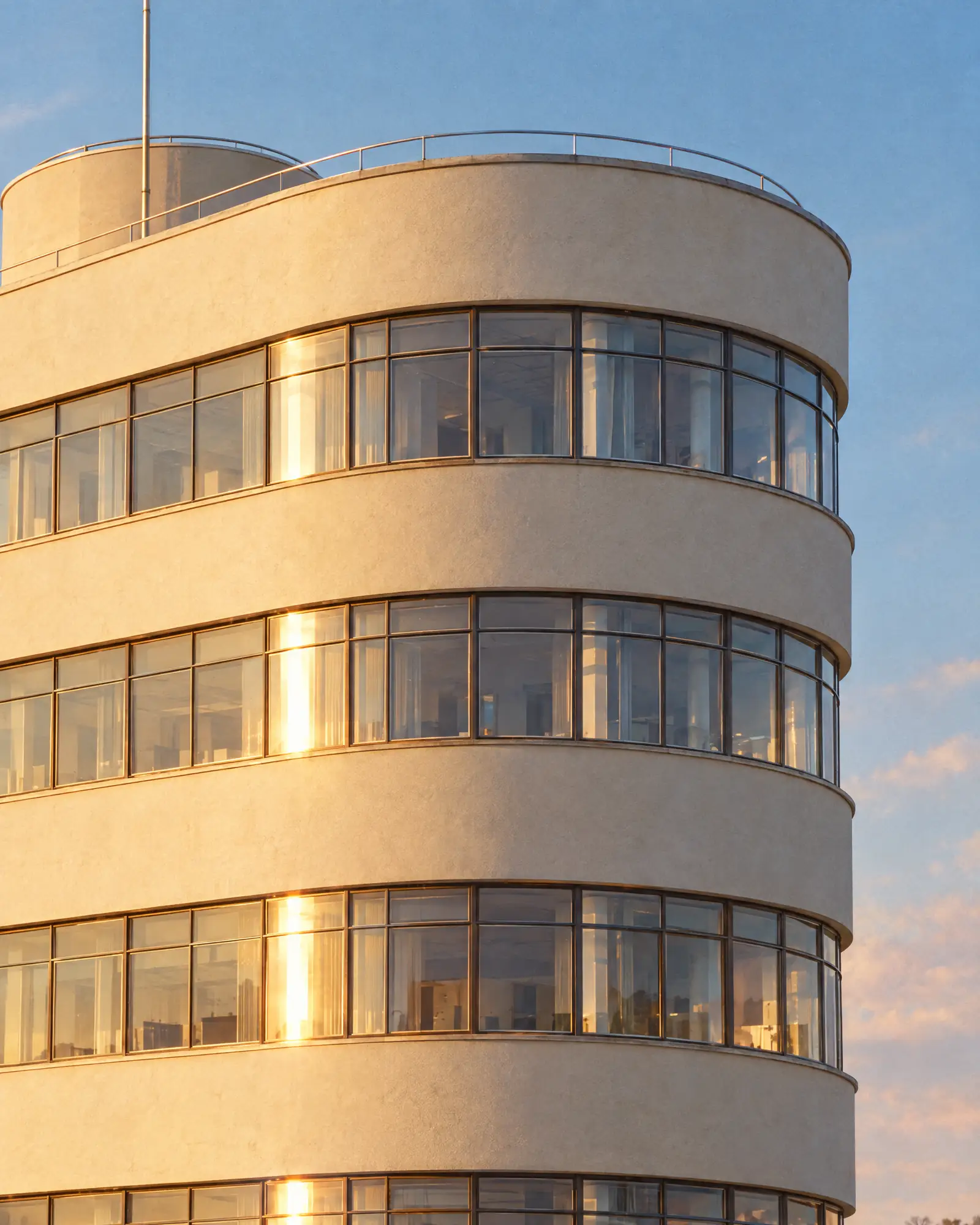 The rounded corner of the 1930s building