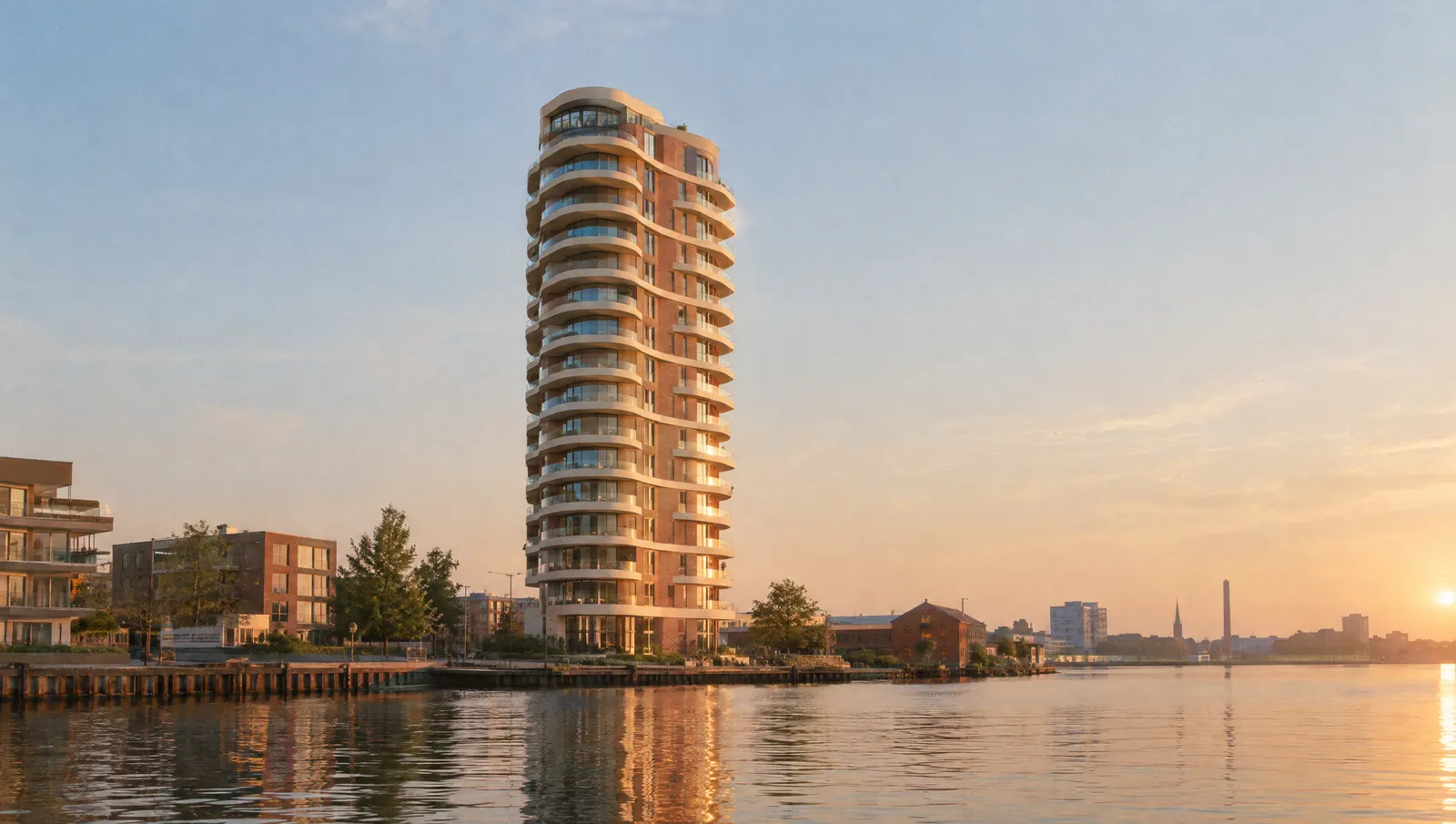 Kade Tower on the Maas in Rotterdam at golden hour