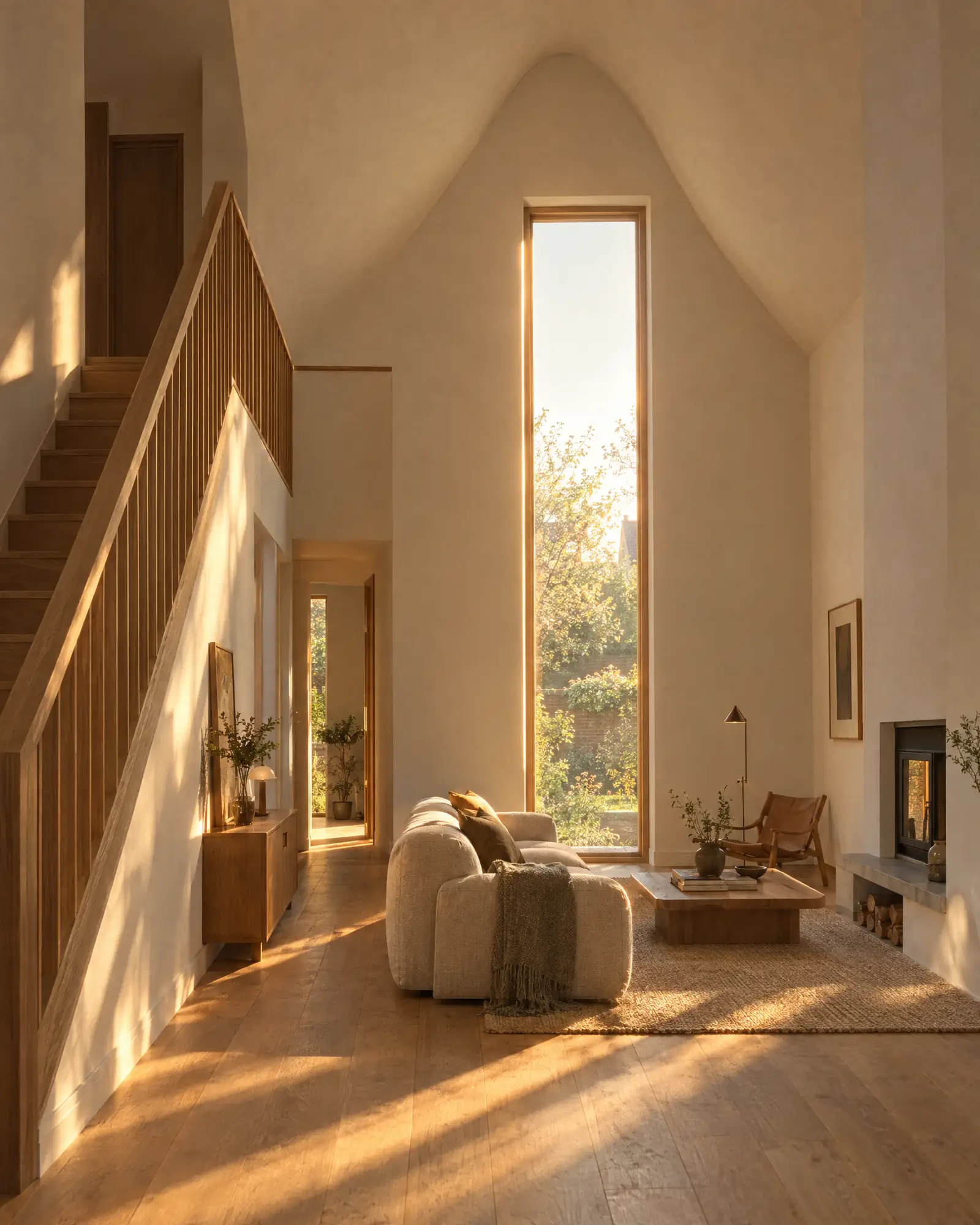 A living room under the curved gable